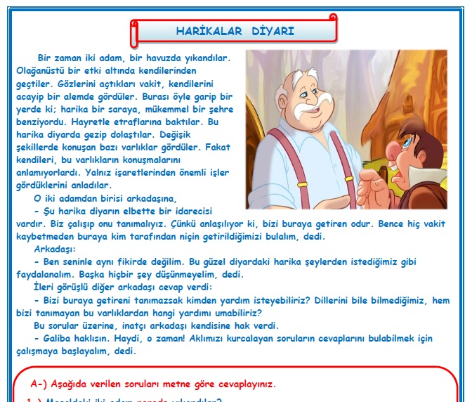 2. Sınıf Türkçe Harikalar Diyarı Okuma Anlama Metin Çalışması