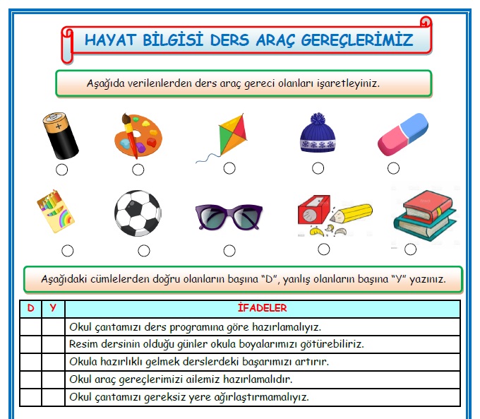 2. Sınıf Hayat Bilgisi Ders Araç ve Gereçlerimiz Etkinlik Çalışması
