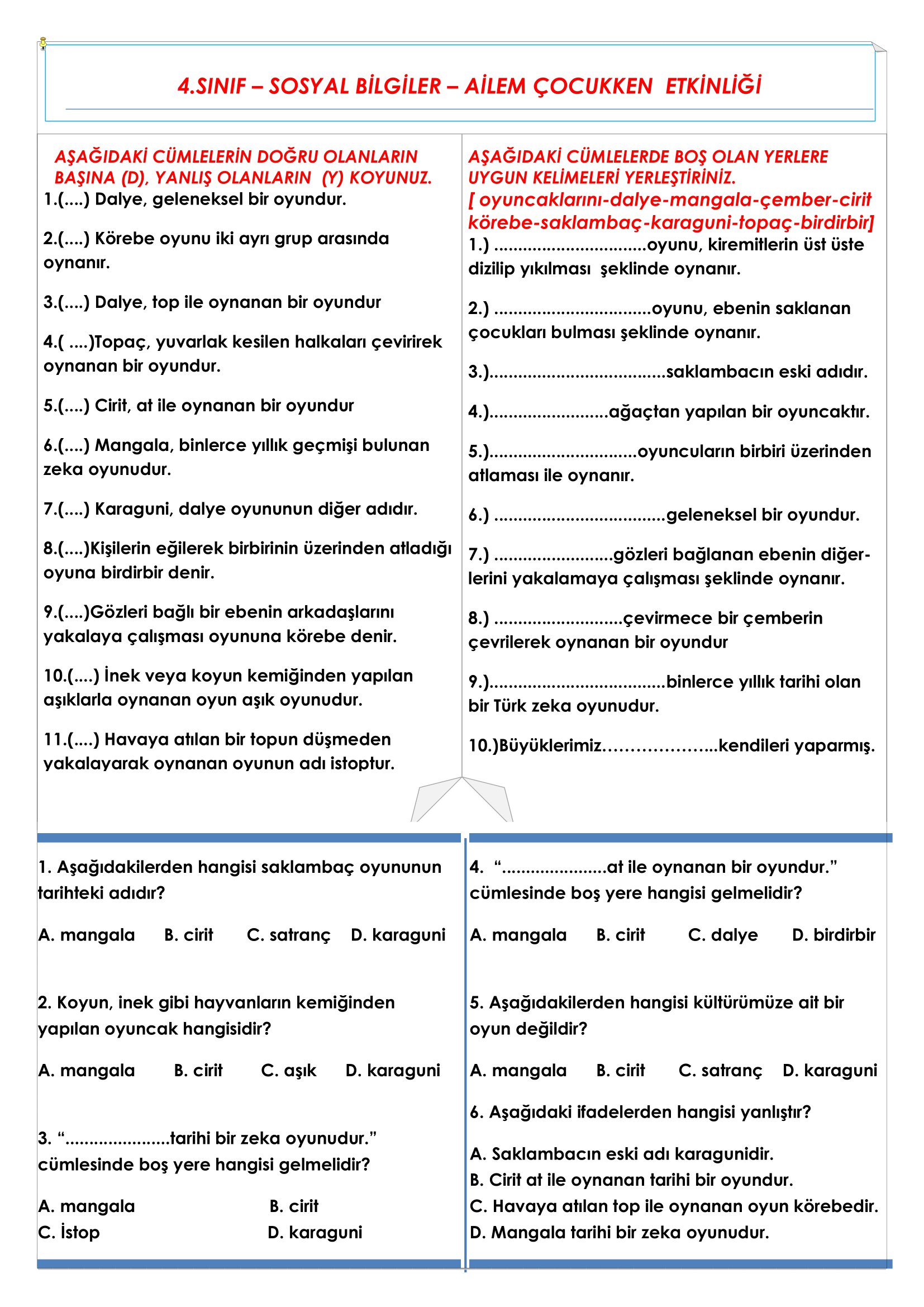 4. Sınıf - Sosyal Bilgiler - Ailem Çocukken Etkinliği