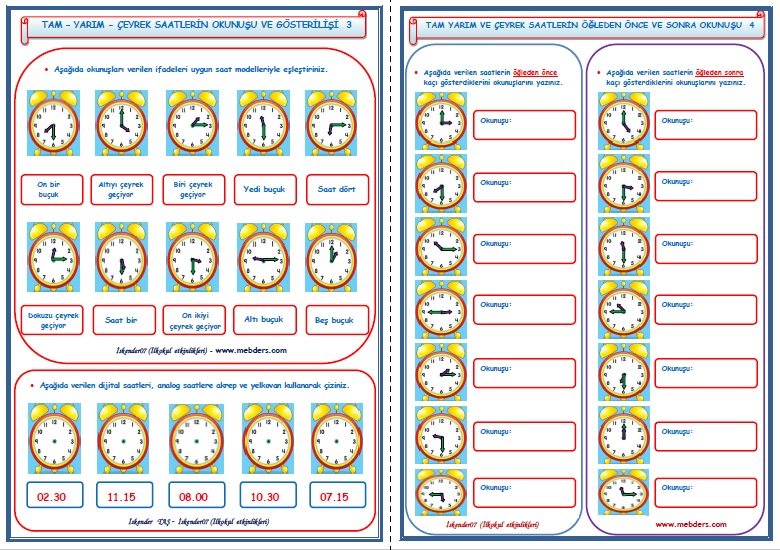 2. Sınıf Matematik Saatlerin Okunuşu ve Gösterilişi 3-4 (2 Sayfa)