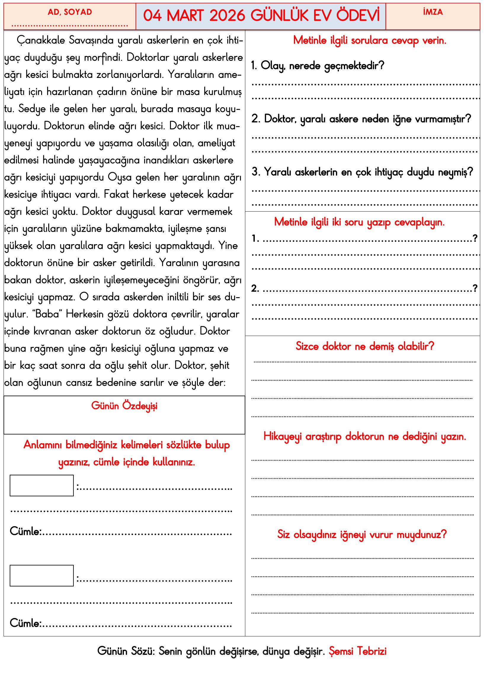 3. Sınıf - 04 Mart 2026 Günlük Ev Ödevleri