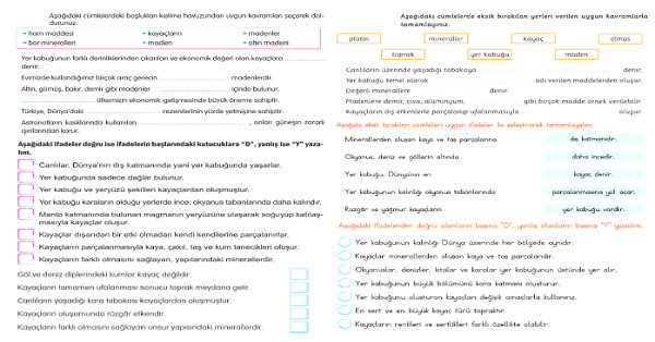 4. Sınıf Fen Bilimleri Yer Kabuğu - Kayaçlar - Madenler