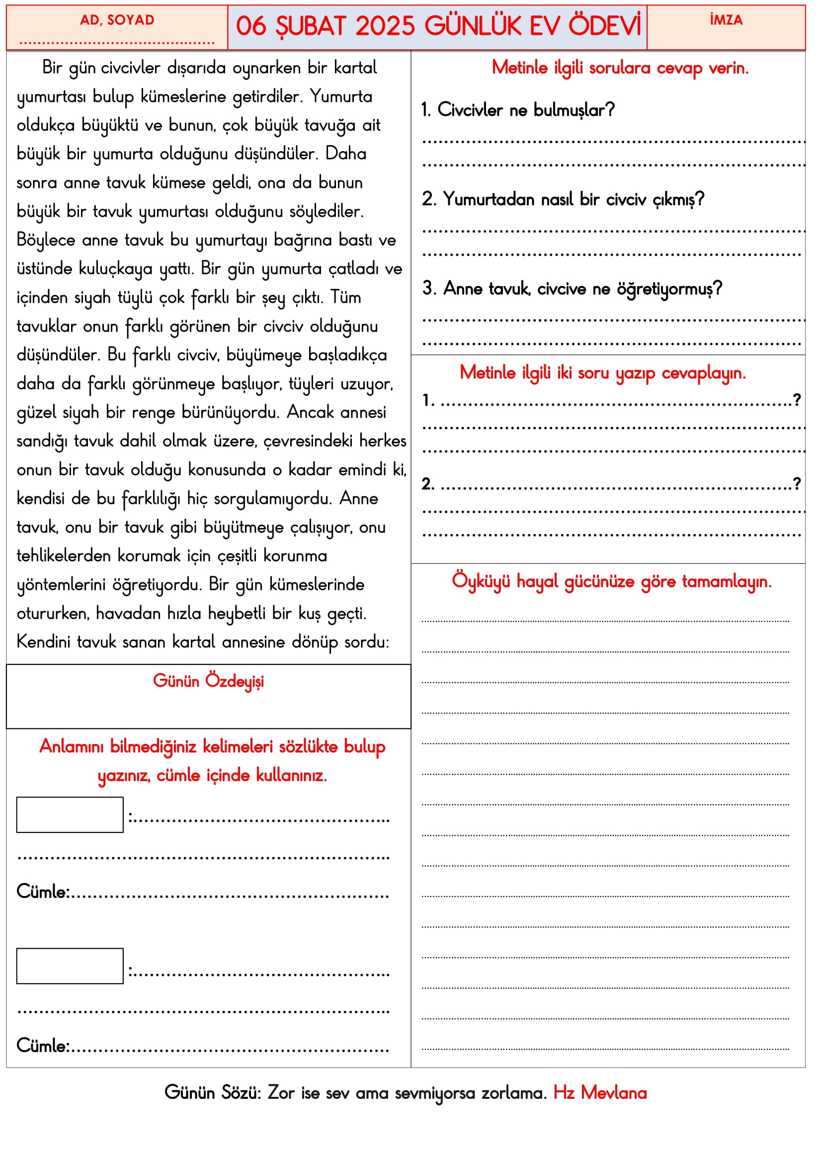 3. Sınıf 06 Şubat 2025 Günlük Ev Ödevi
