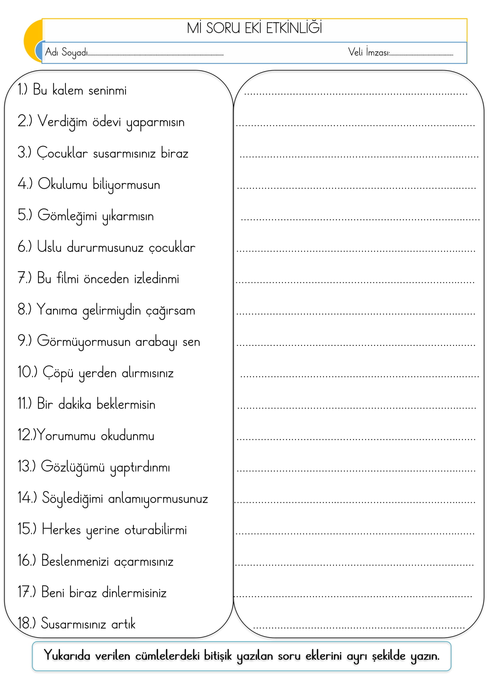 1. Sınıf Türkçe Mi Soru Eki Etkinliği