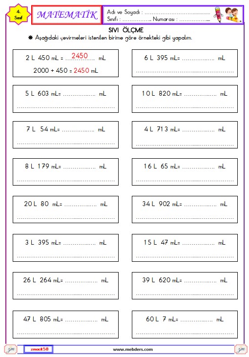4. Sınıf Matemati Sıvıları Ölçme Etkinliği 4