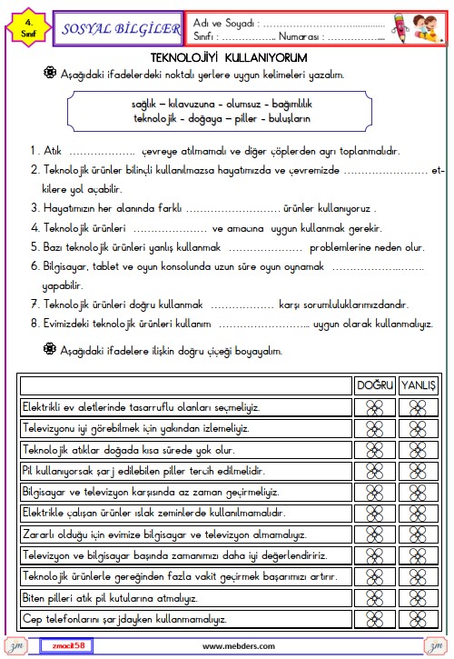 4. Sınıf Sosyal Bilgiler Teknolojiyi Kullanıyorum Etkinliği