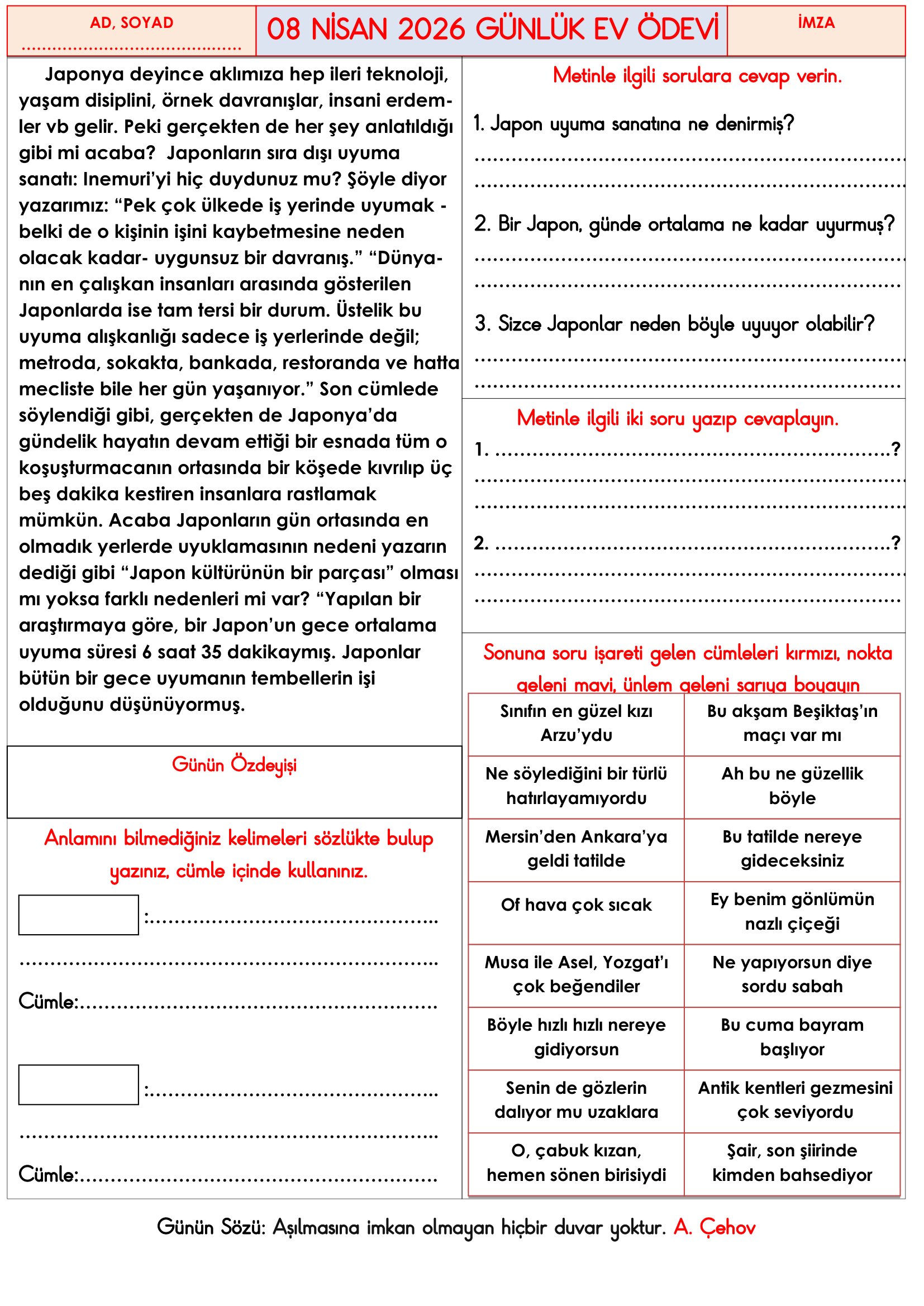 3. Sınıf - 08 Nisan 2026 Günlük Ev Ödevleri