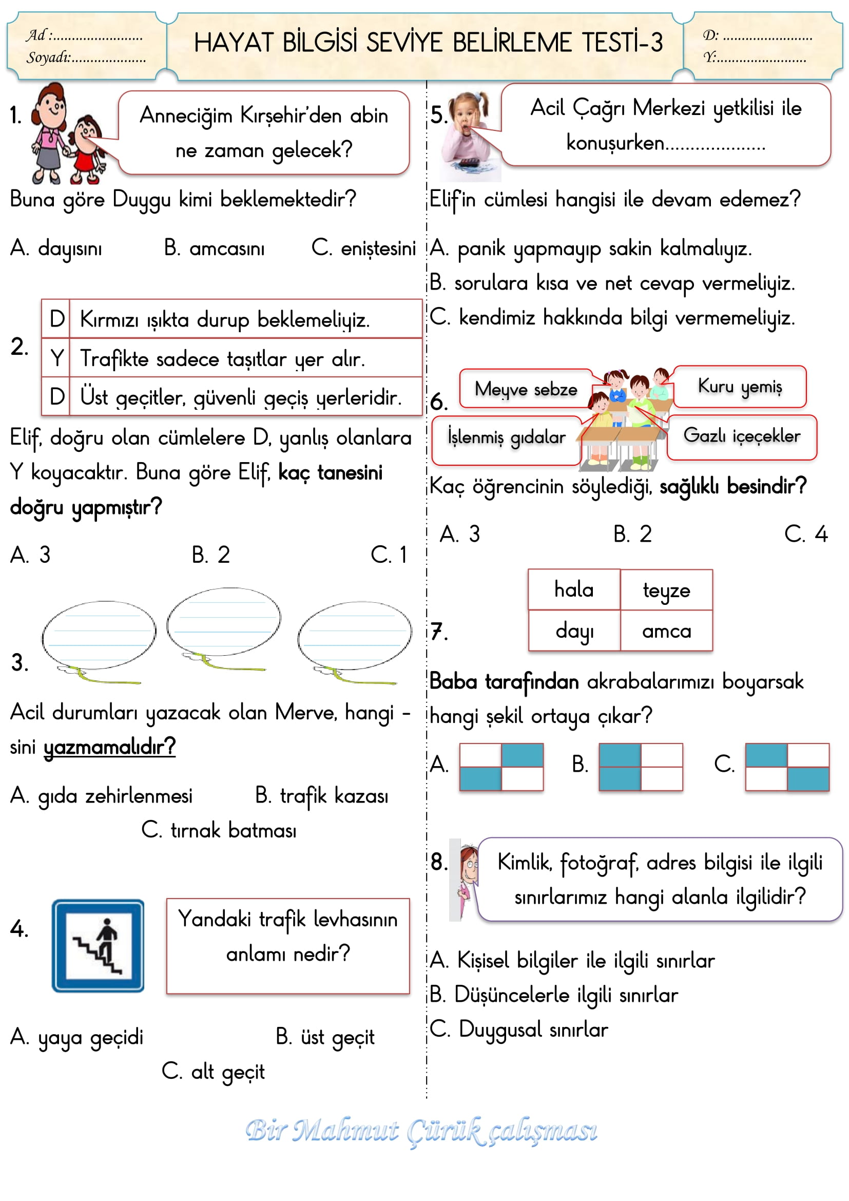 2. Sınıf Hayat Bilgisi Seviye Belirleme Testi-3