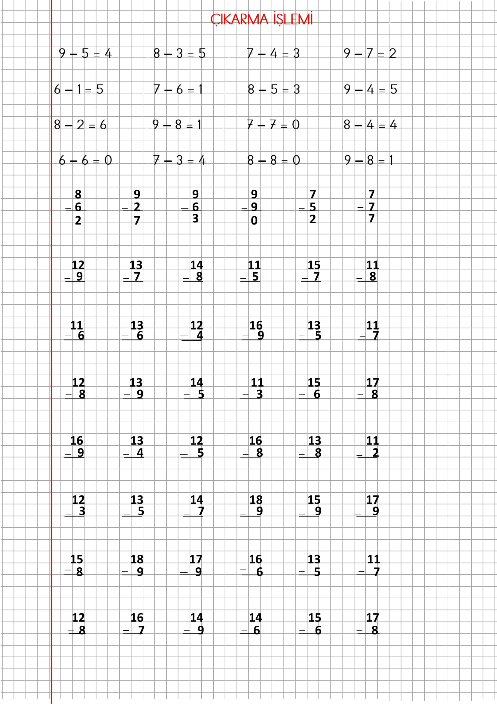 1. Sınıf Matematik Kareli Defterde Çıkarma İşlemi Etkinliği