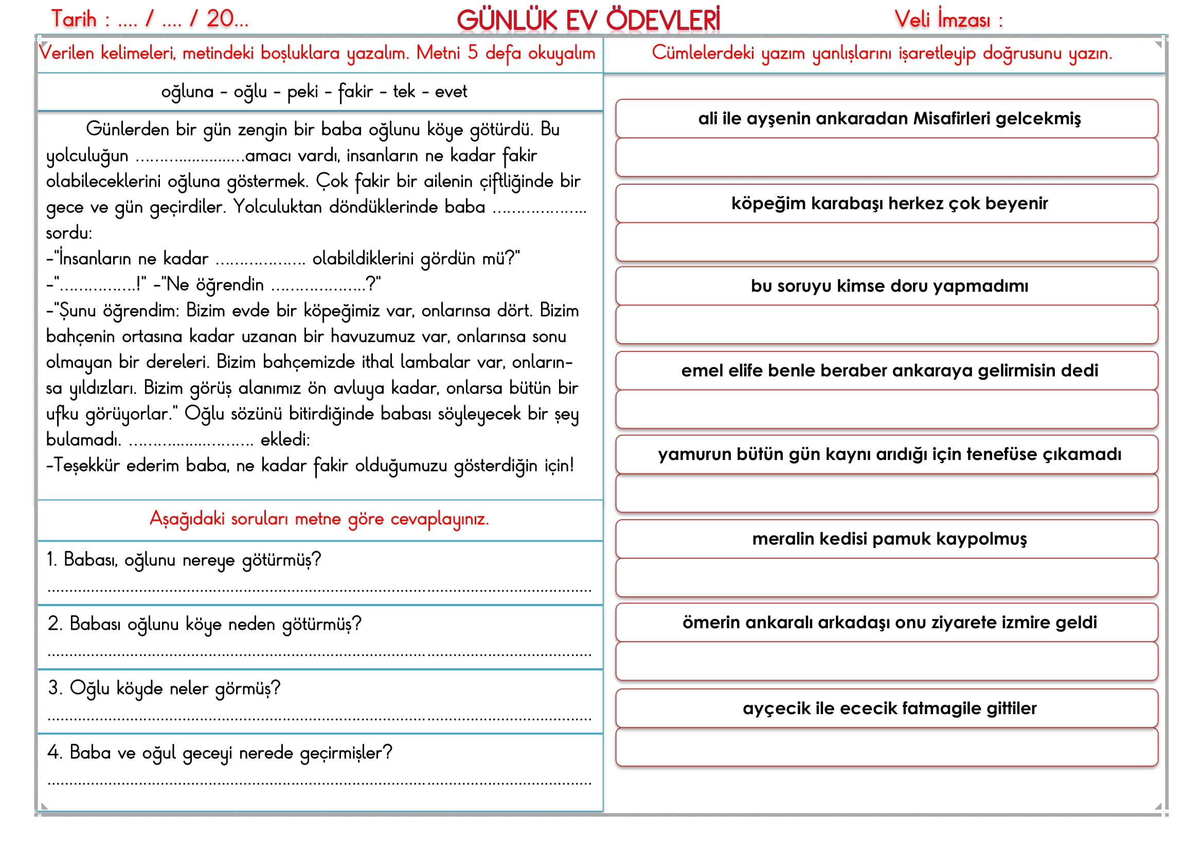 2. Sınıf - 20 Ekim 2025 Günlük Ev Ödevleri