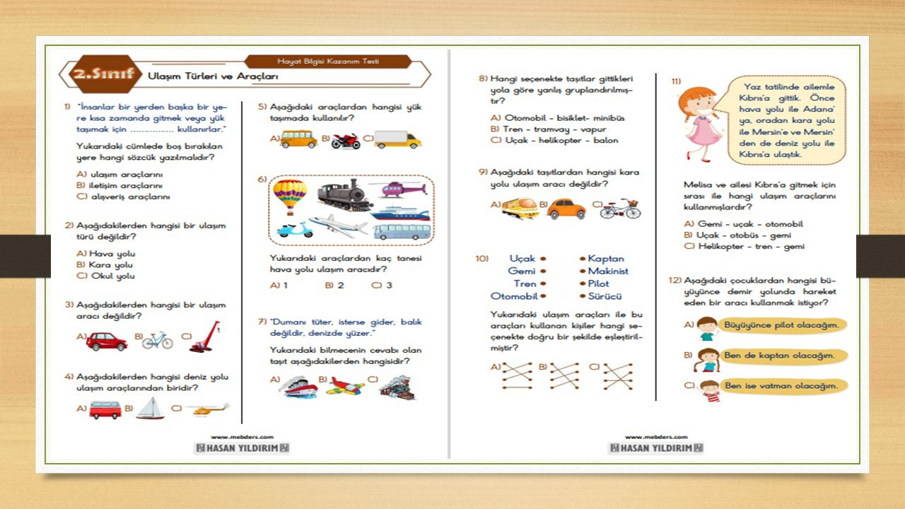 2. Sınıf Hayat Bilgisi Ulaşım Türleri ve Araçları Testi