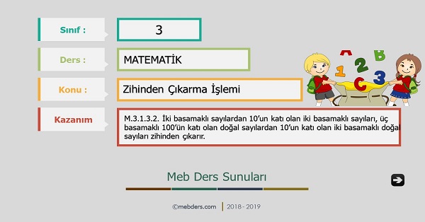 3. Sınıf Matematik Zihinden Çıkarma İşlemi Sunusu