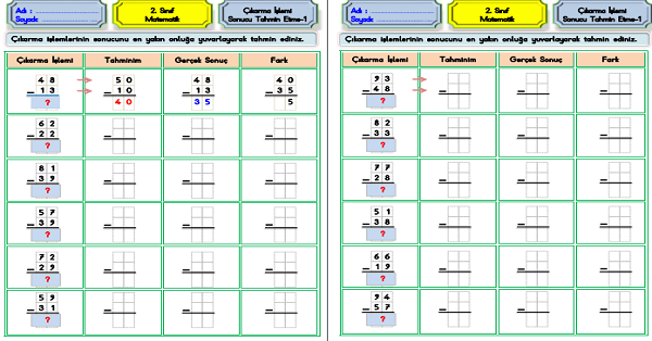 2. Sınıf Matematik Çıkarma İşlemi-Sonucu Tahmin Etme Etkinliği-1
