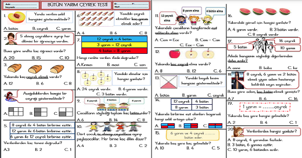 2. Sınıf Matematik Bütün Yarım Çeyrek Testi