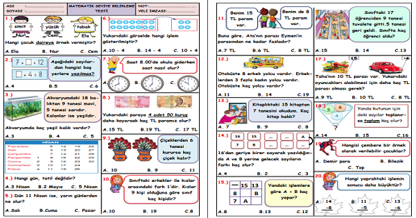 1. Sınıf -Matematik Seviye Belirleme Test-3
