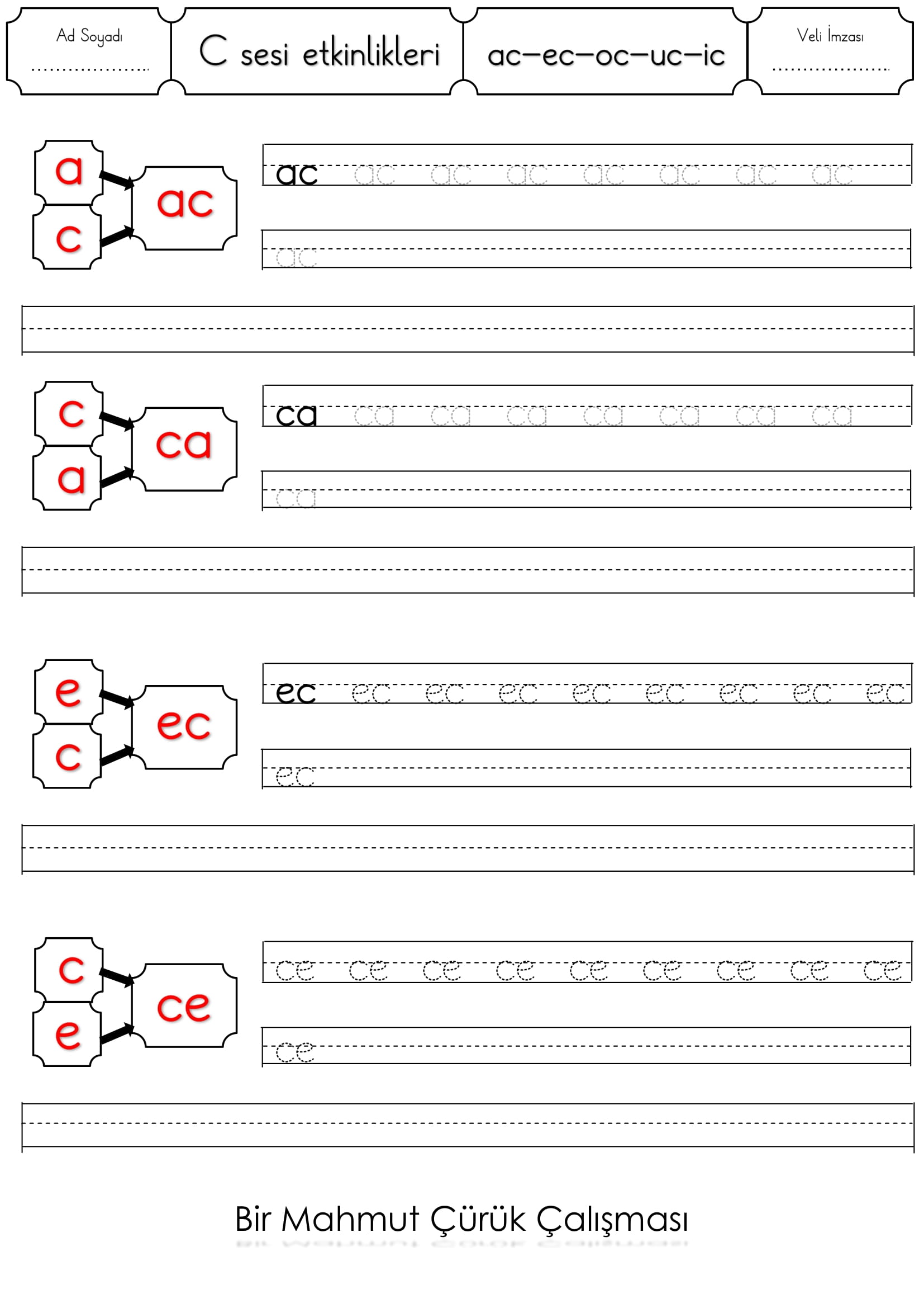 1. Sınıf İlk Okuma Yazma C Sesi ac-ec-ic-uc-ıc Etkinliği