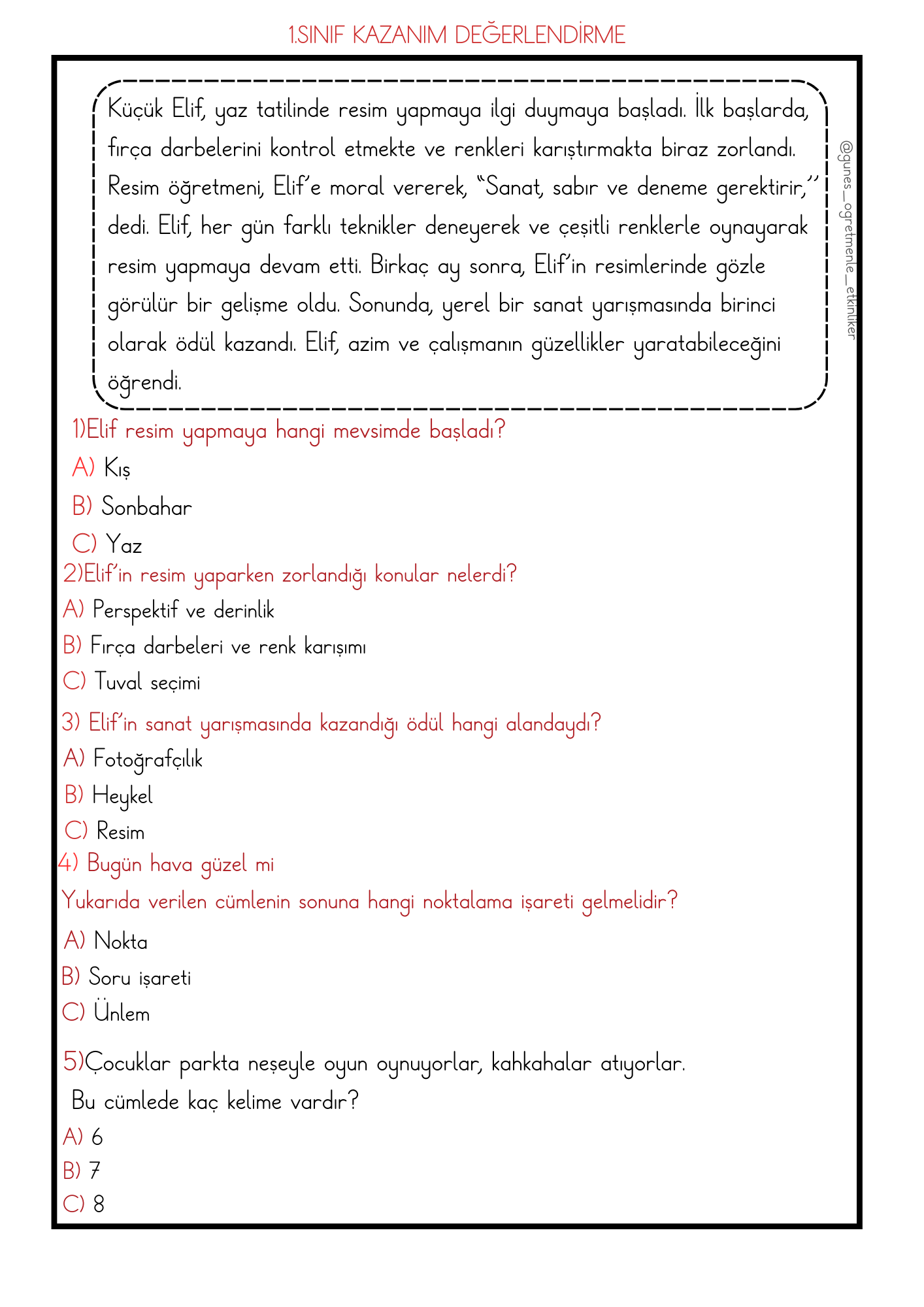 1. Sınıf Kazanım Değerlendirme Sınavı