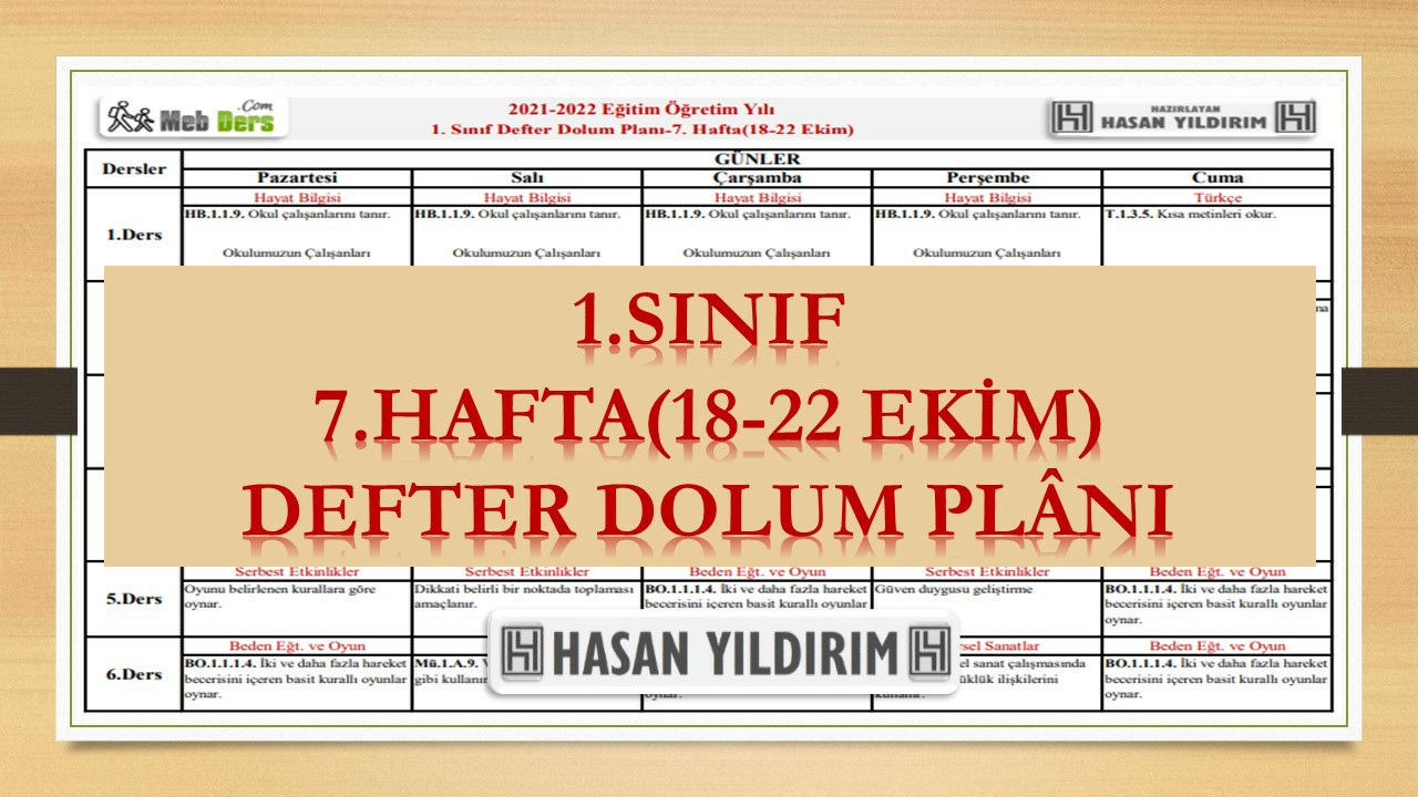 1. Sınıf 7.Hafta(18-22 Ekim) Defter Dolum Planı