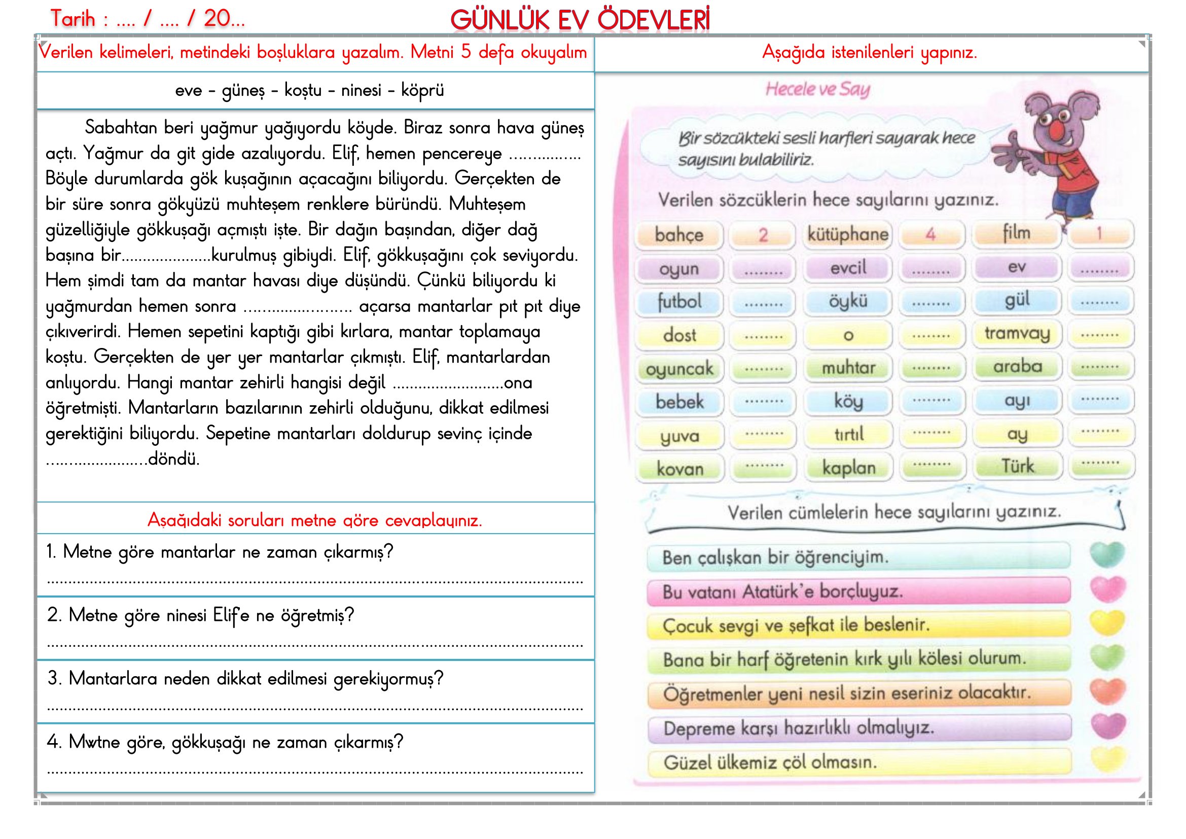 2. Sınıf - 10 Mart 2026 Günlük Ev Ödevleri