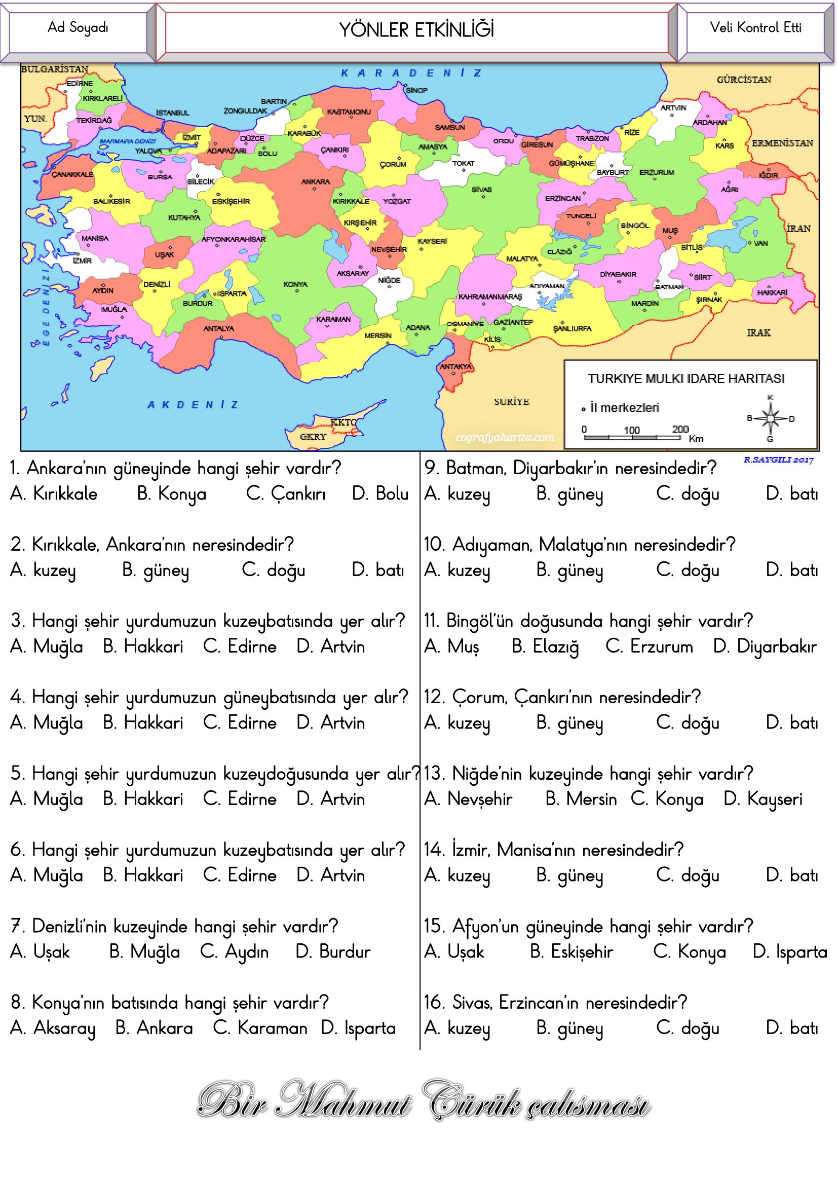 4. Sınıf Sosyal Bilgiler Yönler Etkinliği