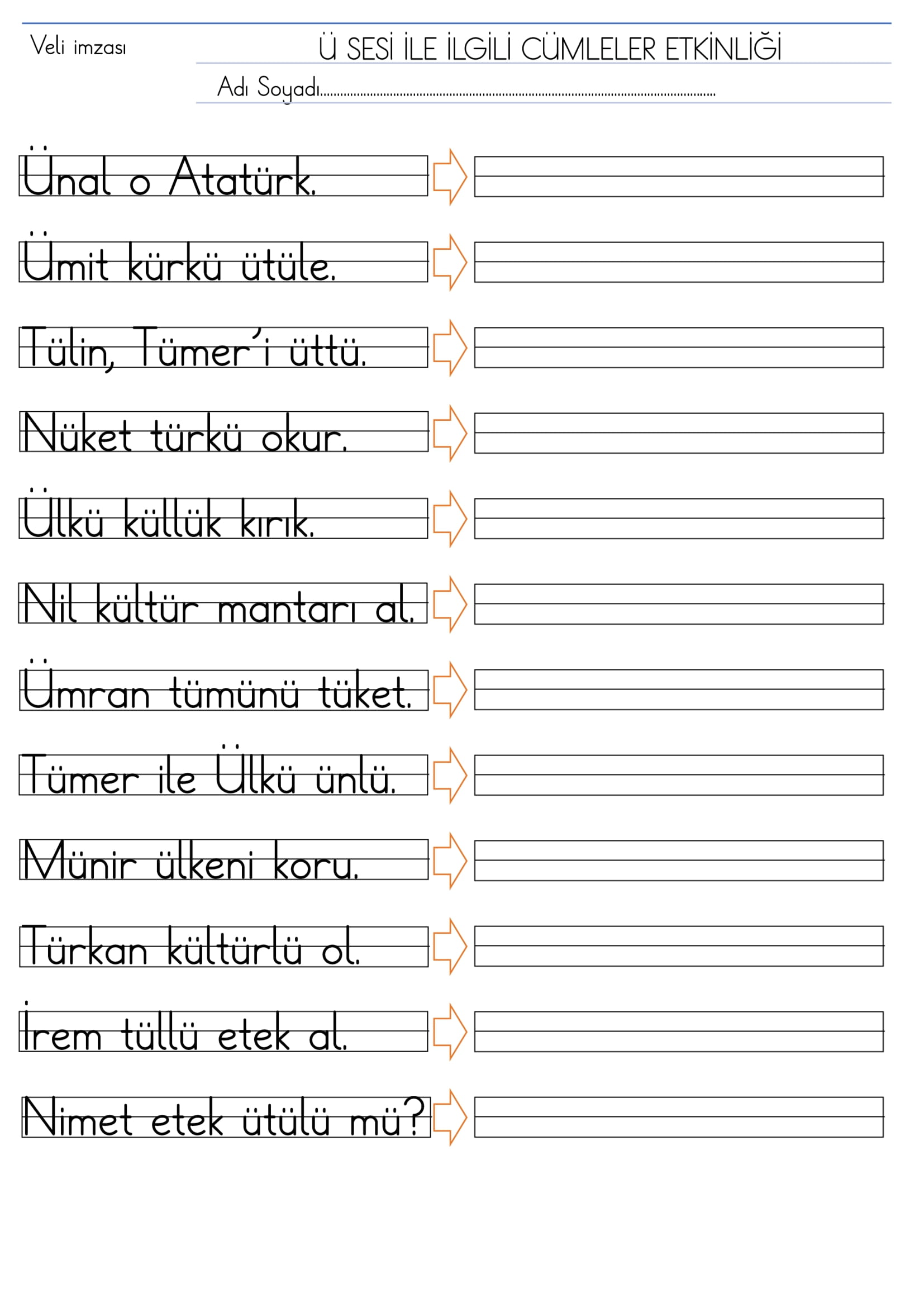 1. Sınıf İlk Okuma Yazma Ü Sesi Cümleler Etkinliği