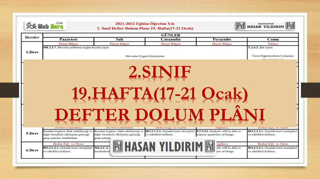 2. Sınıf 19.Hafta(17-21 Ocak) Defter Dolum Planı
