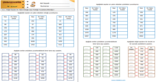 4. Sınıf Matematik Doğal Sayıları En Yakın Onluğa veya Yüzlüğe Yuvarlama Etkinliği 2