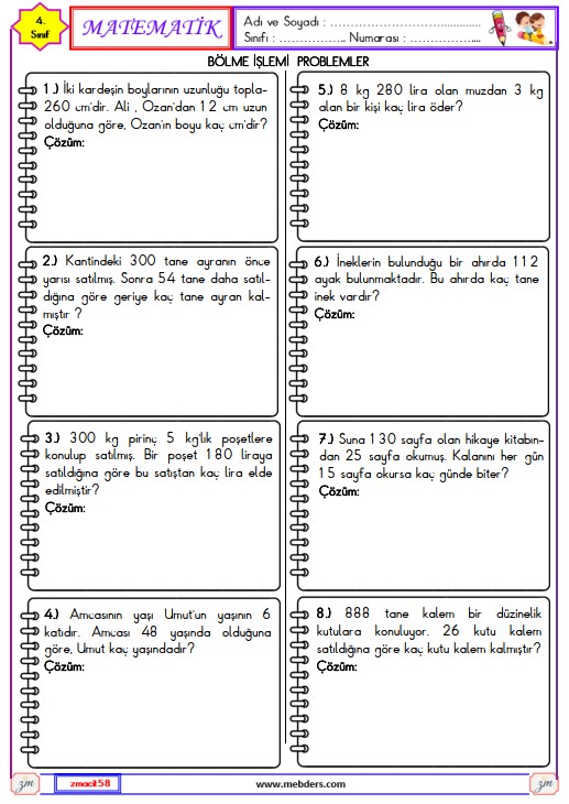 4. Sınıf Matematik Bölme İşlemi Problemler Etkinliği 4