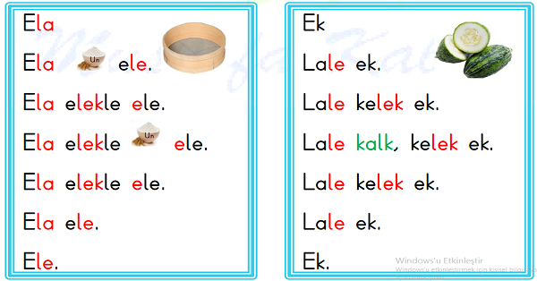 1. Sınıf İlk Okuma Yazma ELAKİN Karesel Okuma Metinleri