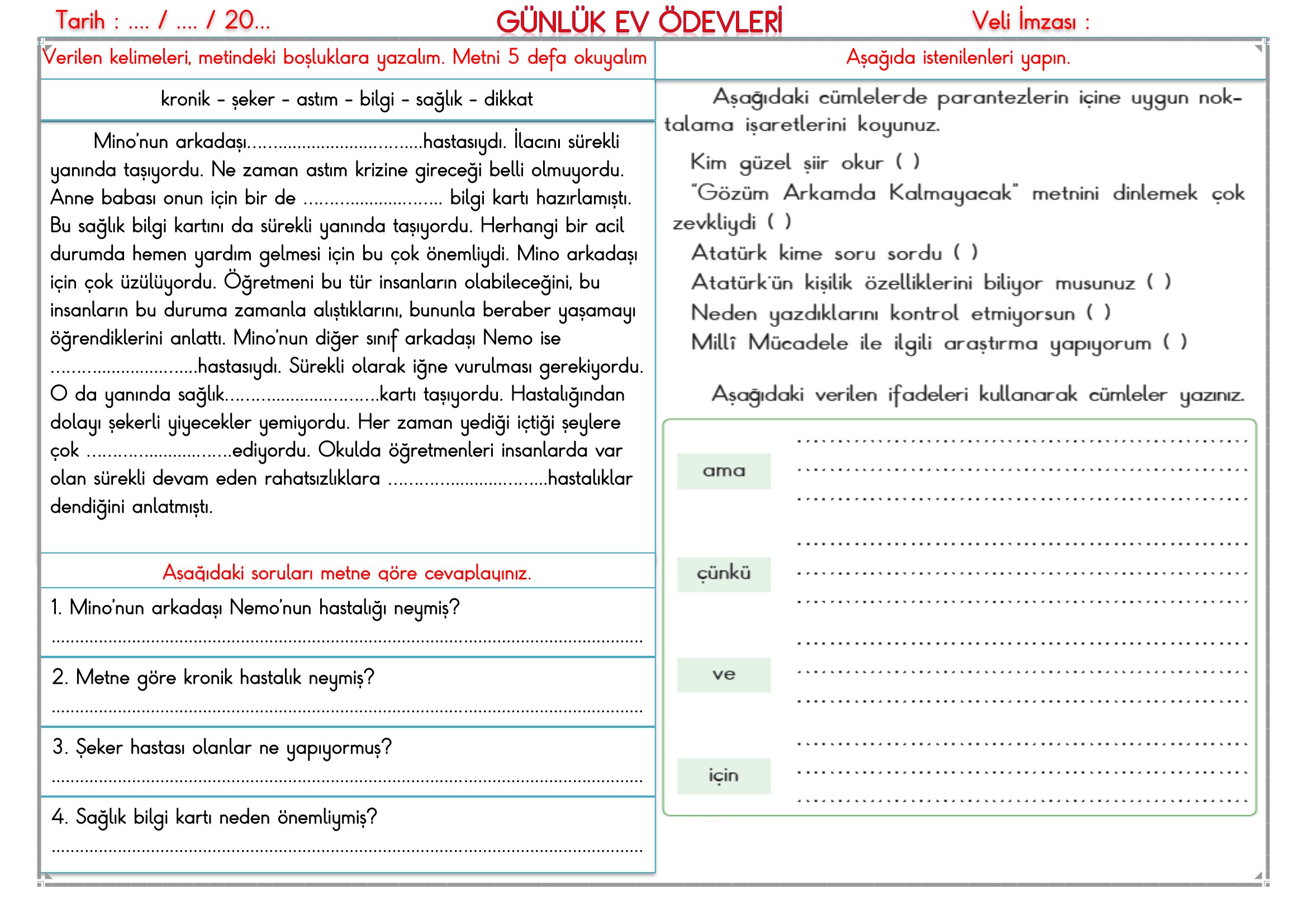 2. Sınıf - 20 Şubat 2026 Günlük Ev Ödevleri