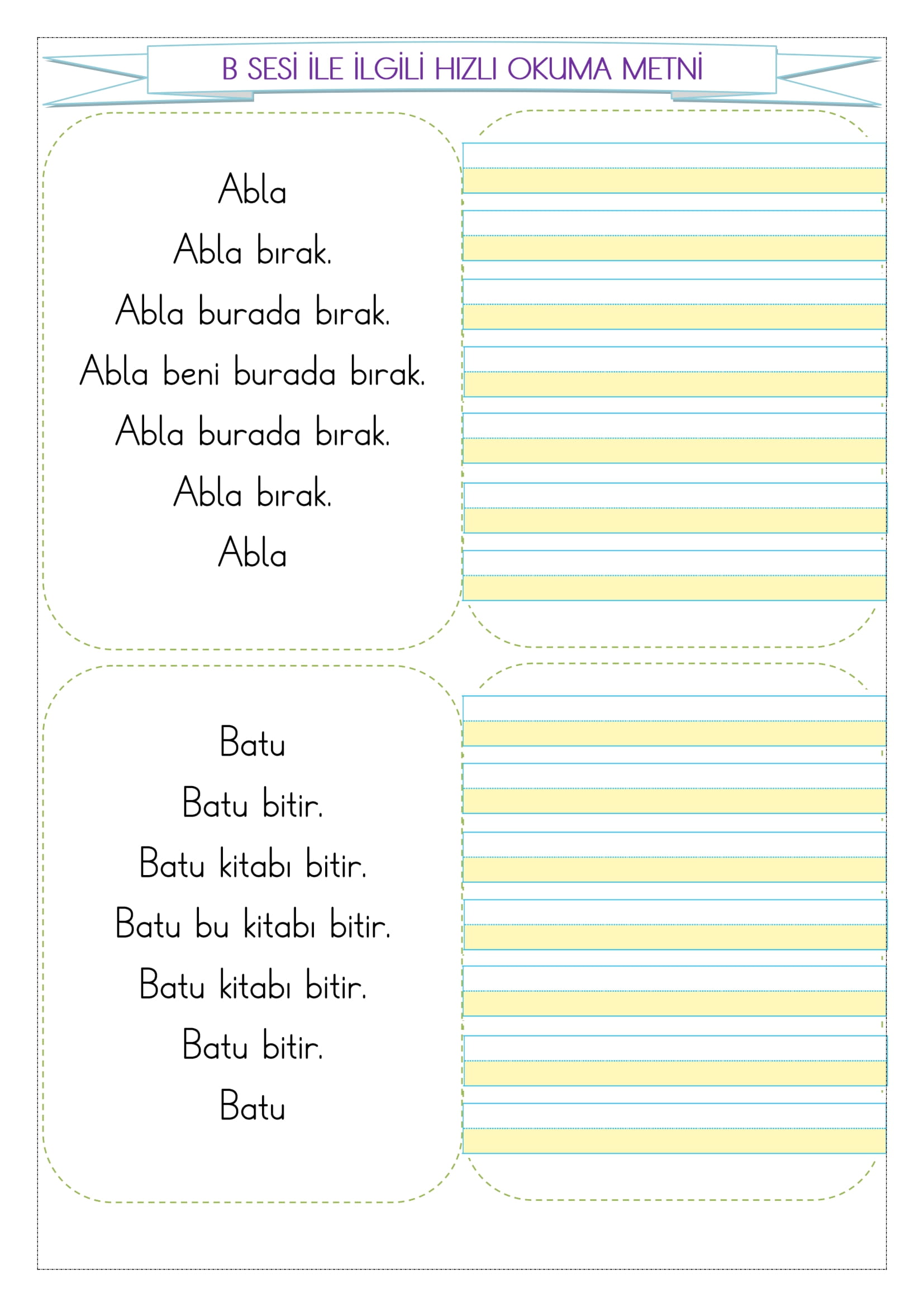 1. Sınıf İlk Okuma Yazma B Sesi Hızlı Okuma Metni