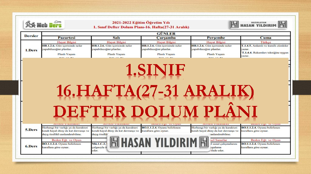 1. Sınıf 16.Hafta(27-31 Aralık) Defter Dolum Planı