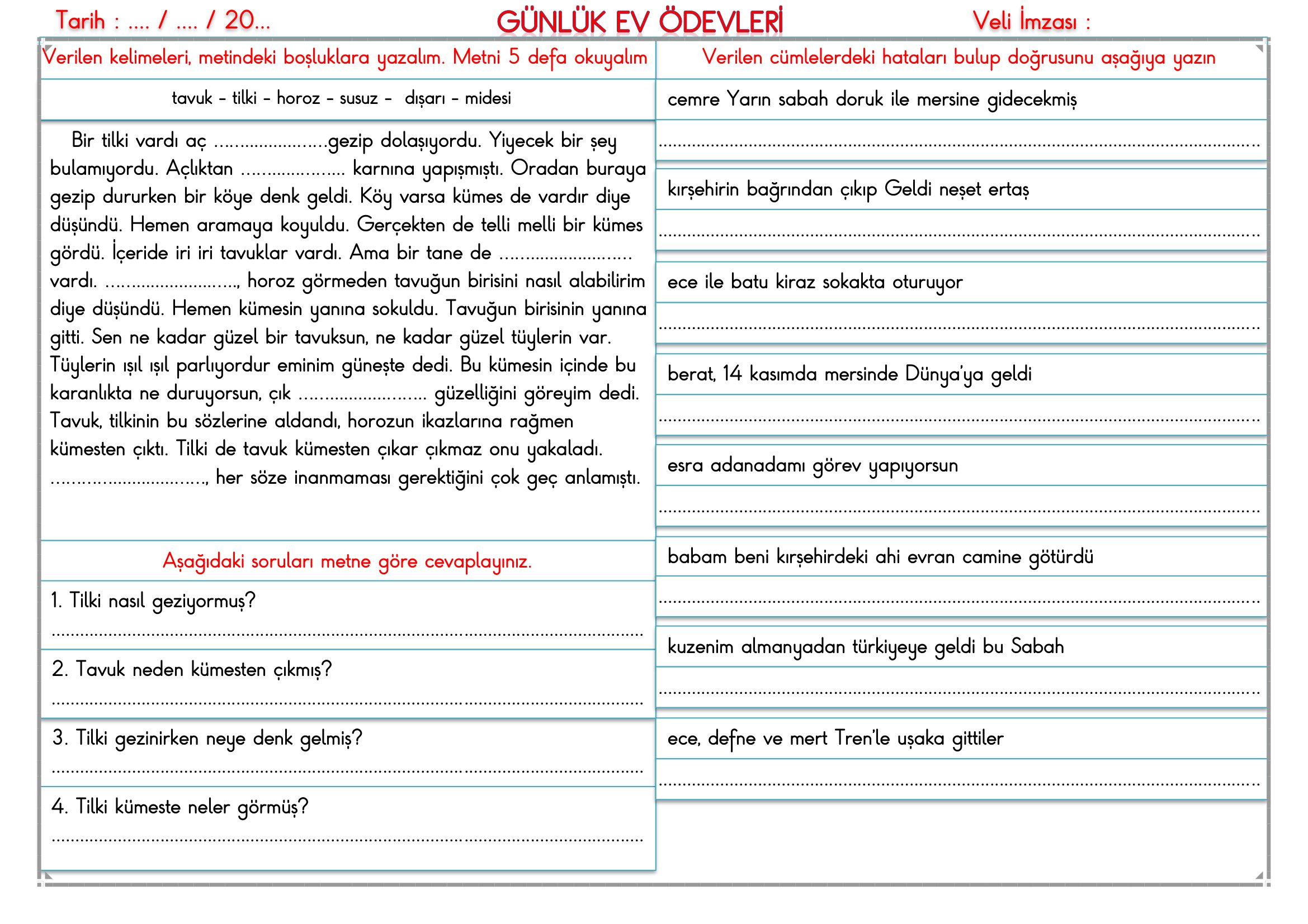 2.Sınıf - 16 Ekim 2026 Günlük Ev Ödevleri