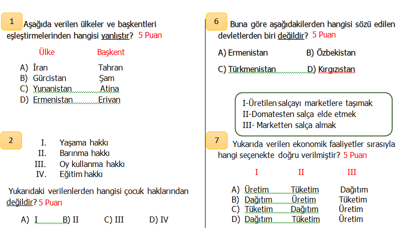 4. Sınıf Sosyal bilgiler 2. Dönem 2.Yazılı Seviye 1