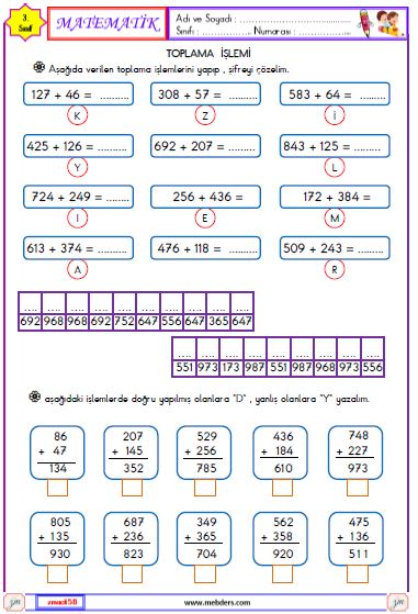 3. Sınıf Matematik Toplama İşlemi Etkinliği 2