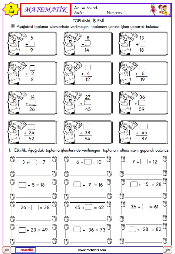 2. Sınıf Matematik Verilmeyen Toplananı Bulma Etkinliği 1
