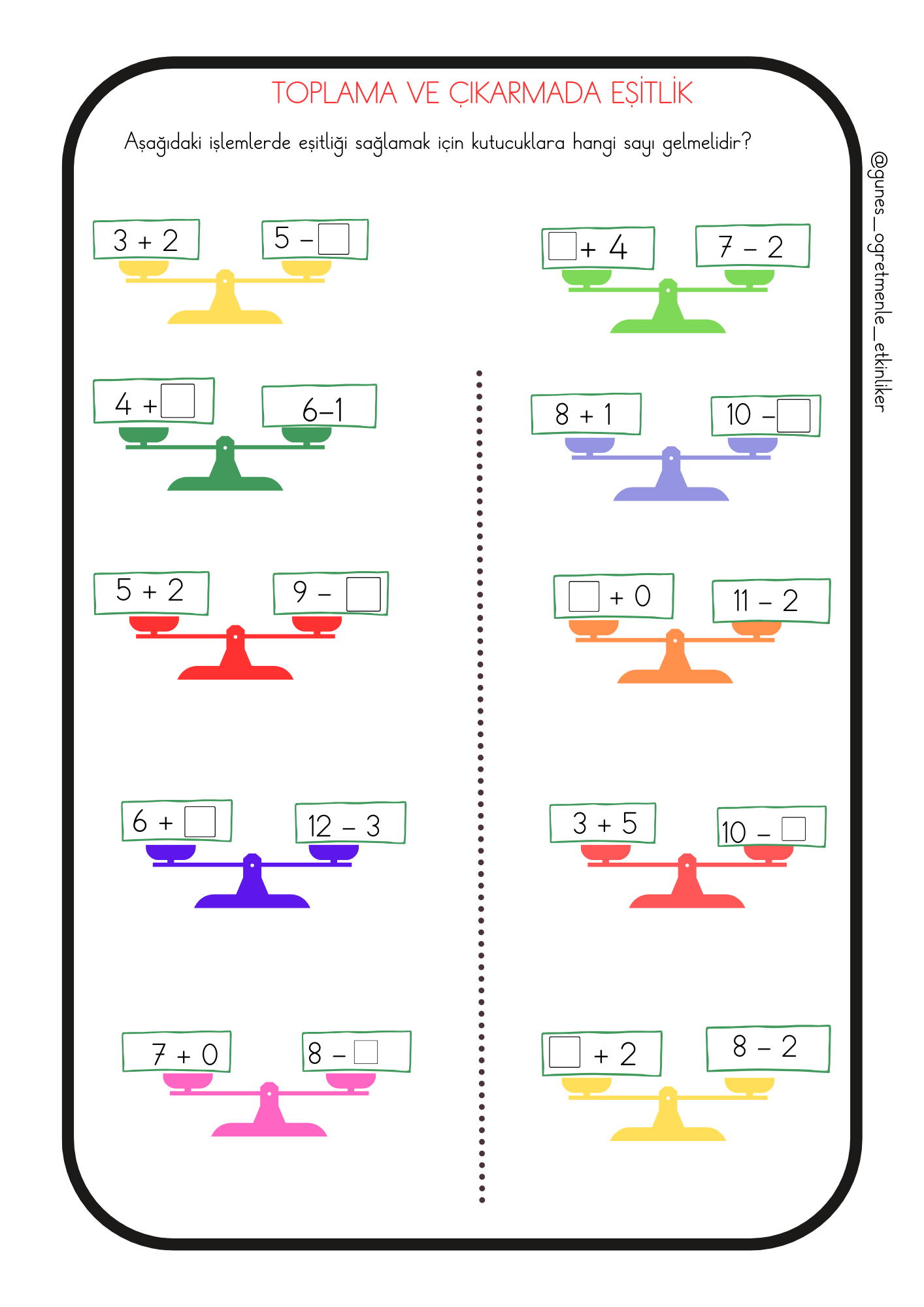 1. Sınıf Matematik Toplama ve Çıkarma Eşitlik Konusu