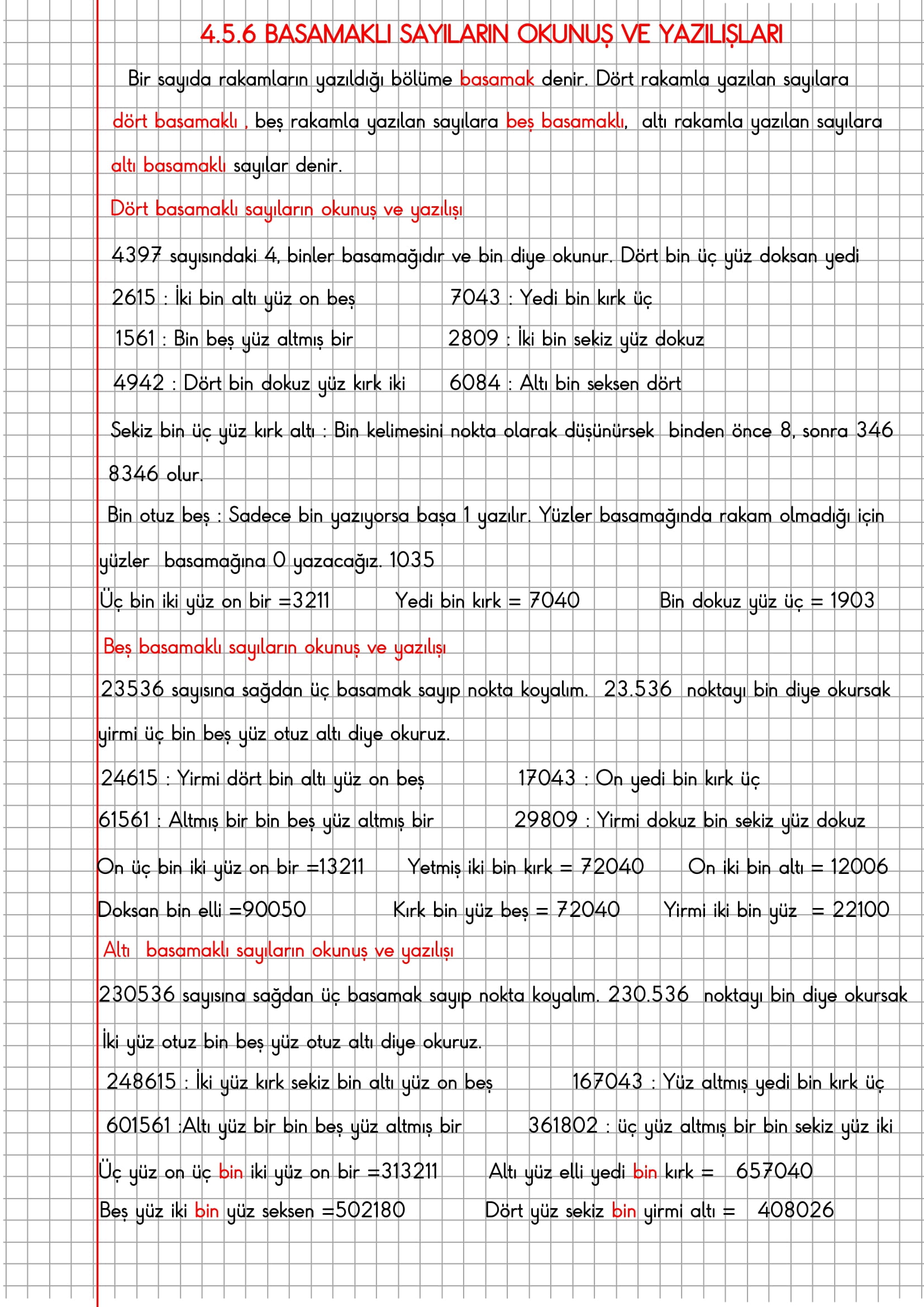 4. Sınıf Matematik Kareli Defterde 4.5.6 Basamaklı Sayıların Okunuş ve Yazılışları Konu Anlatımı