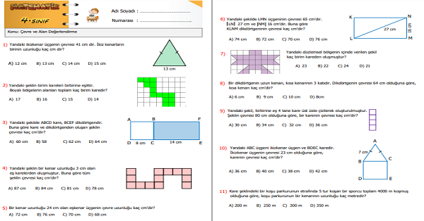 4. Sınıf Matematik Düzlemsel Şekillerin Çevre ve Alan Değerlendirme Etkinliği