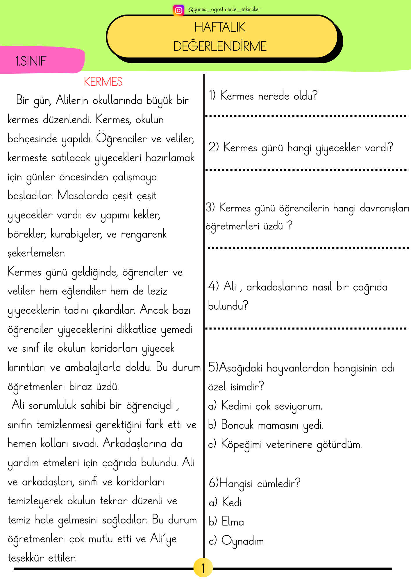 1. Sınıf Haftalık Değerlendirme