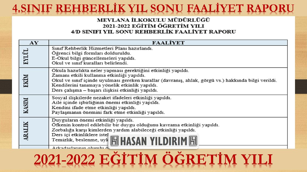 4. Sınıf Rehberlik Yıl Sonu Faaliyet Raporu