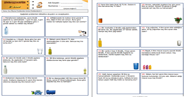3. Sınıf Matematik Sıvı Ölçme Problemleri (Litre Problemleri) 1