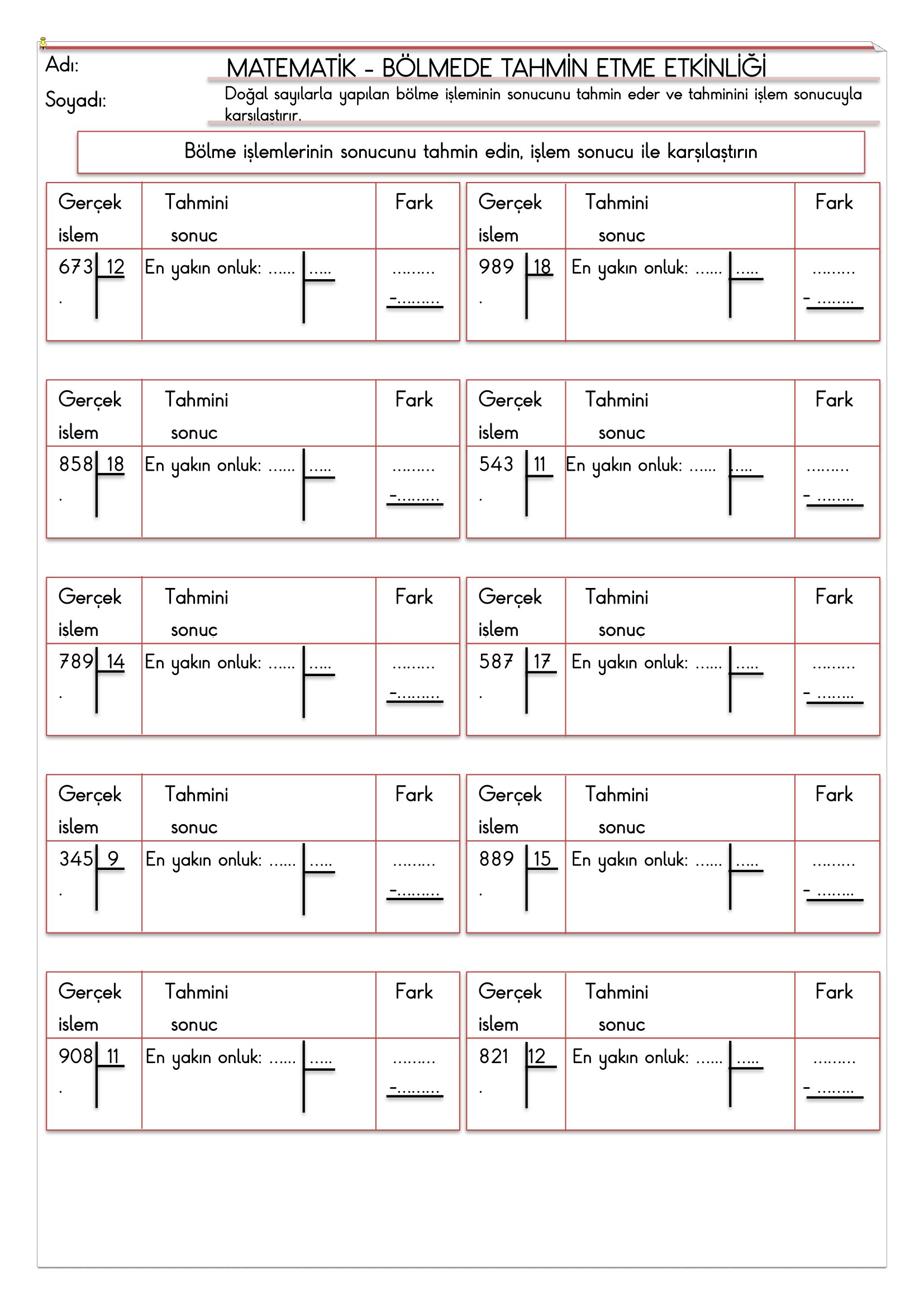 4. Sınıf - Matematik Bölmede Tahmin Etme Etkinliği