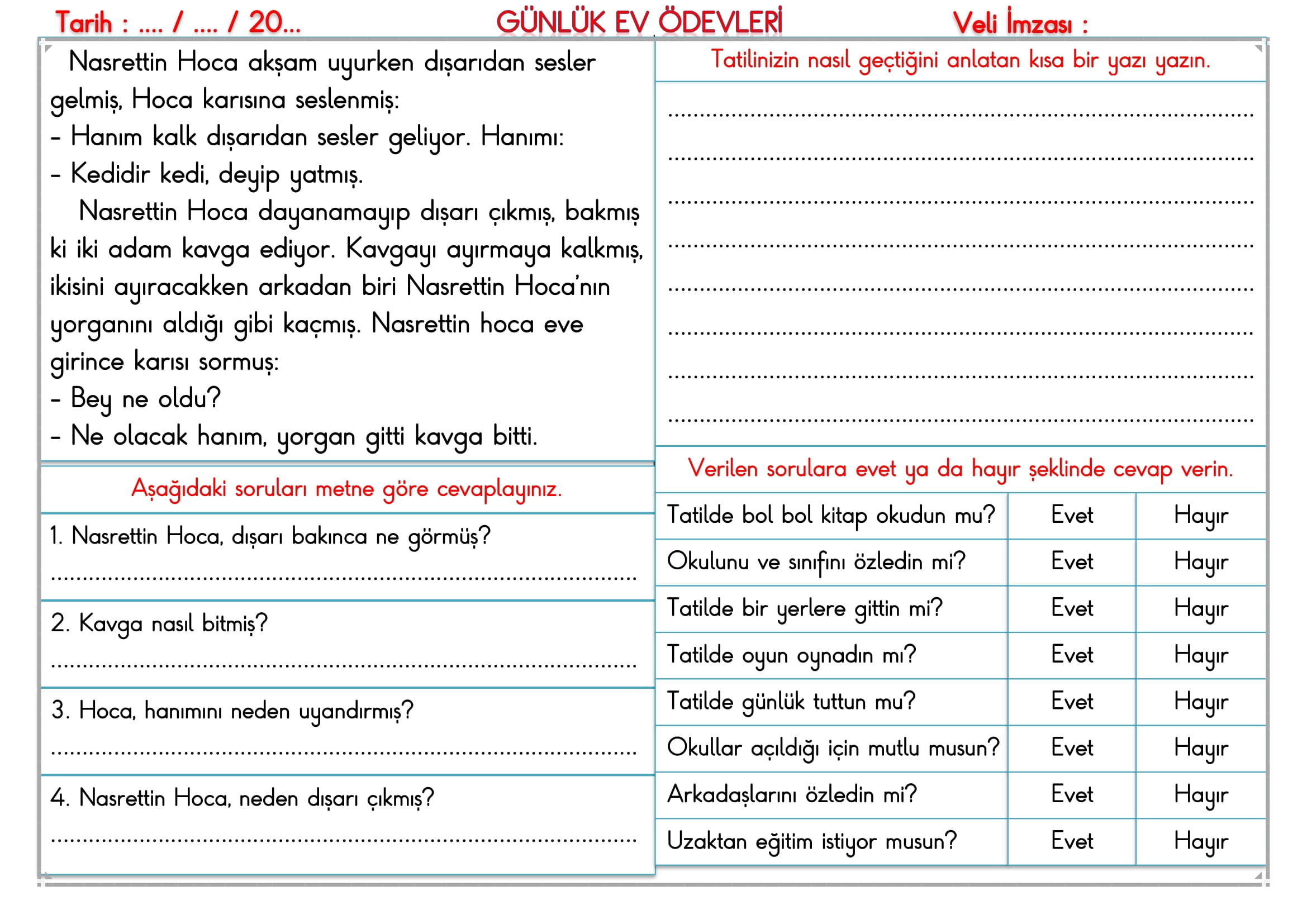 2. Sınıf - 08 Eylül 2025 Günlük Ev Ödevleri