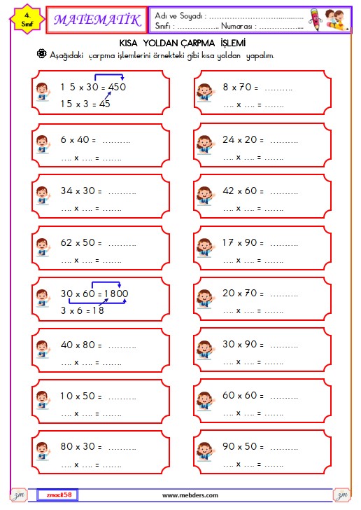 4. Sınıf Matematik Kısa Yoldan Çarpma İşlemi Etkinliği 4