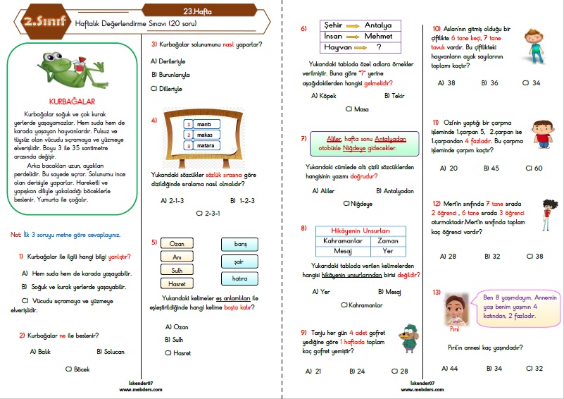2. Sınıf Haftalık Değerlendirme Testi - 23.Hafta (28 Şubat -04 Mart)