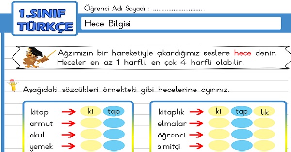 1. Sınıf Türkçe Hece Bilgisi Etkinliği