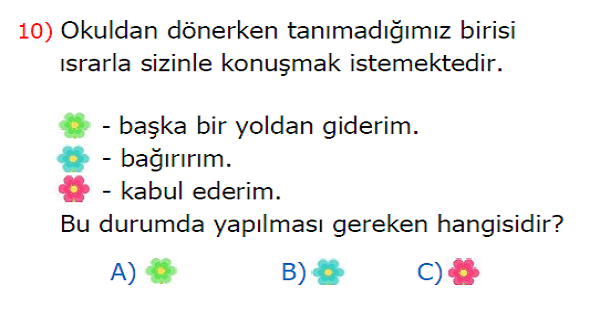 3. Sınıf Hayat Bilgisi Güvenliğimiz Önemli Kazanım Testi