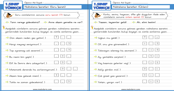1. Sınıf Türkçe Noktalama İşaretleri (Soru İşareti, Ünlem) Etkinliği 2