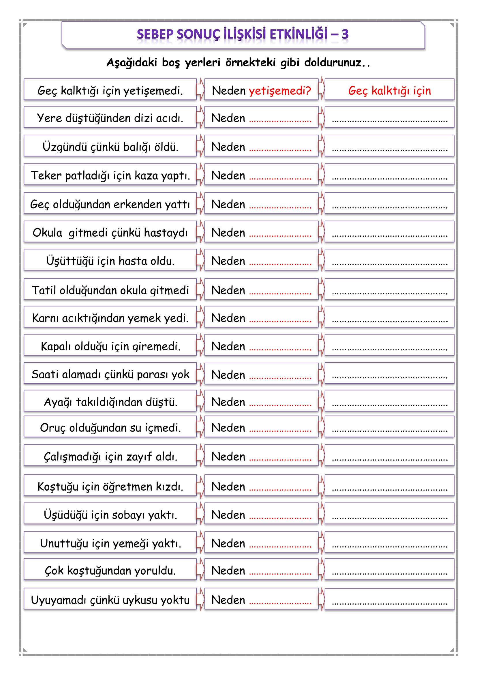 1. Sınıf Türkçe Sebep Sonuç İlişkisi Etkinliği-3
